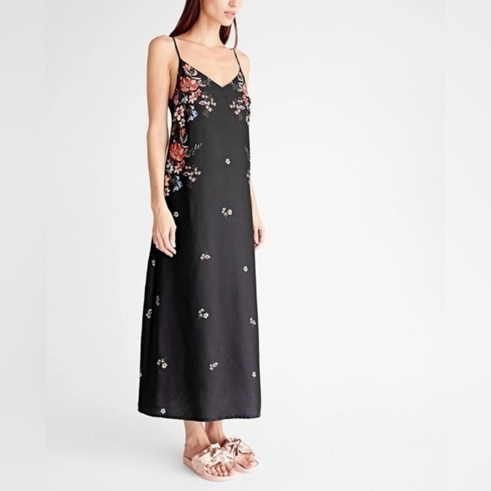 ASOS Stradivarius long spaghetti strap dress black red floral contrast size M